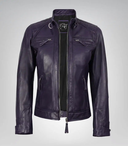 Purple real leather moto jacket for women with quilted detailing