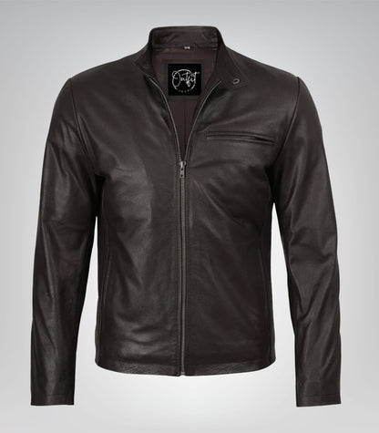Stylish dark brown leather motorcycle jacket for men