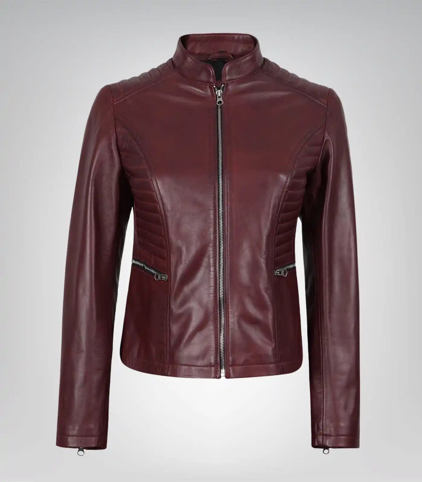 Burgundy real leather moto jacket for women