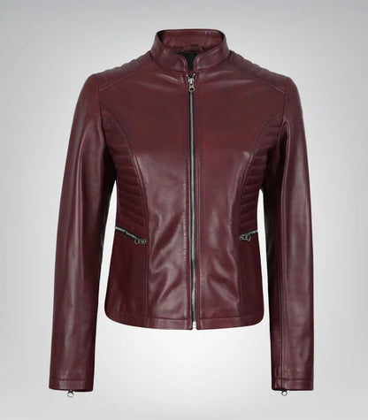 Burgundy real leather moto jacket for women