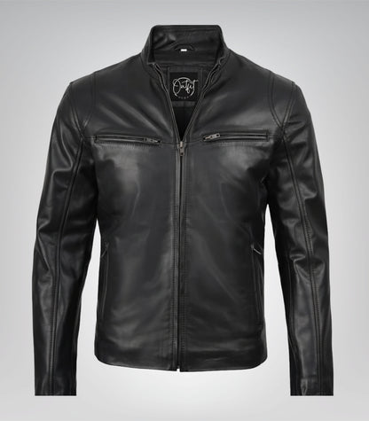 Stylish black cowhide leather motorcycle jacket for men