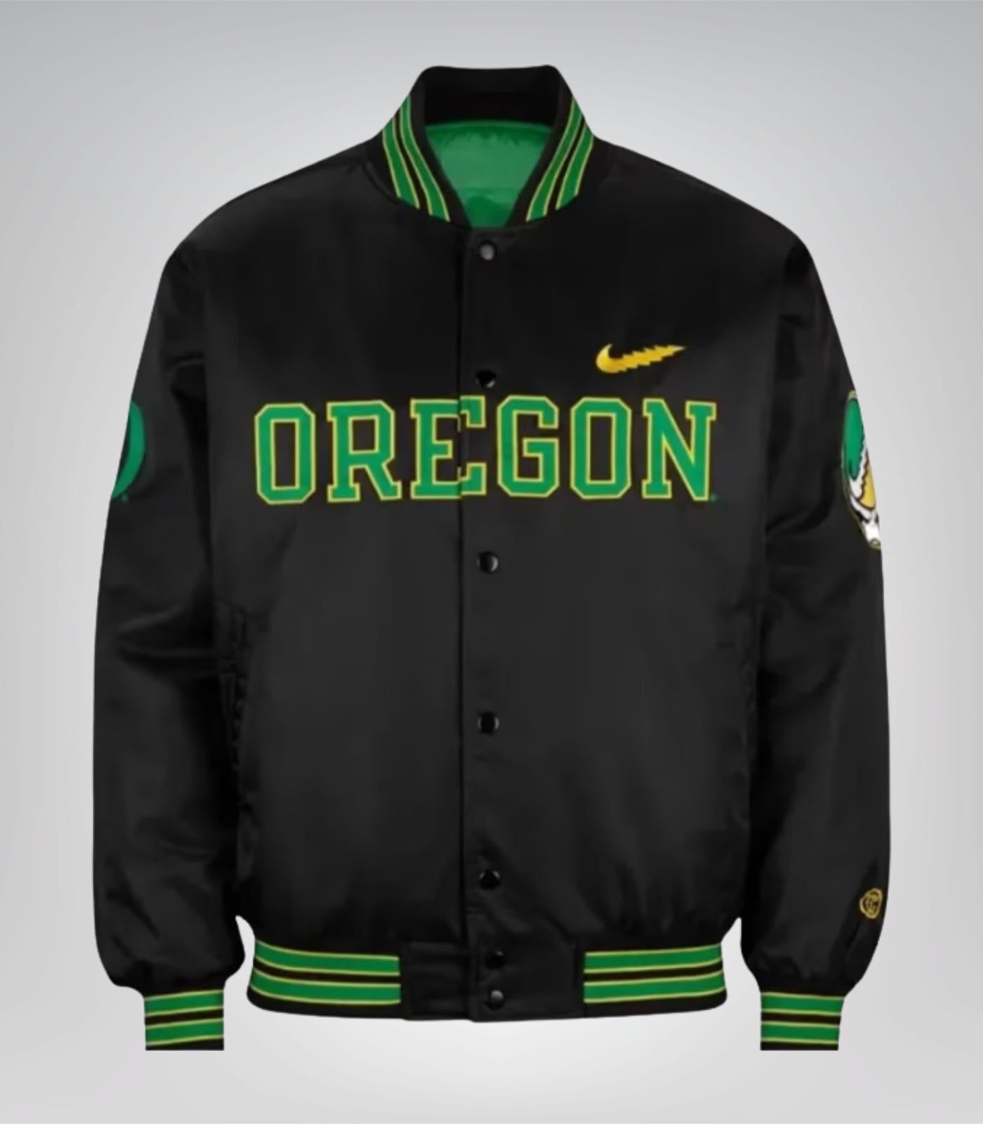 Black satin varsity jacket for men inspired by Dan Lanning Oregon Ducks