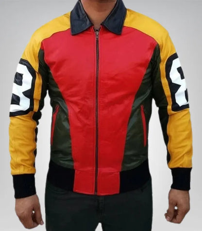 Men’s black leather 8 Ball bomber jacket – Puddy style motorcycle jacket