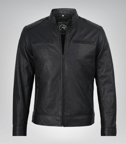Stylish matte black leather biker jacket for men