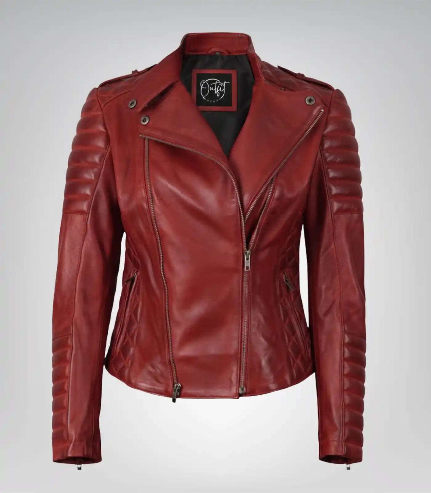Red asymmetrical real leather motorcycle jacket for women