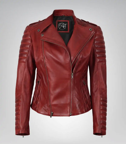 Red asymmetrical real leather motorcycle jacket for women