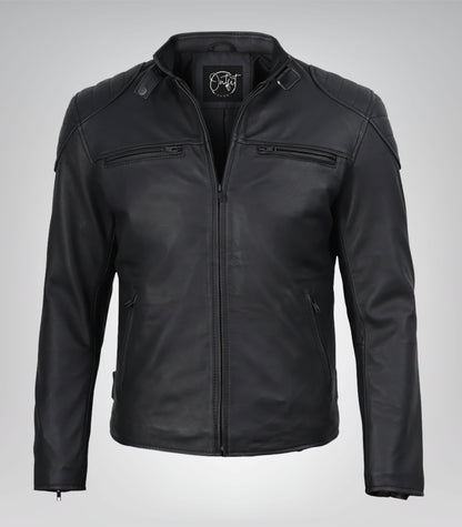 Stylish black matte leather biker jacket for men