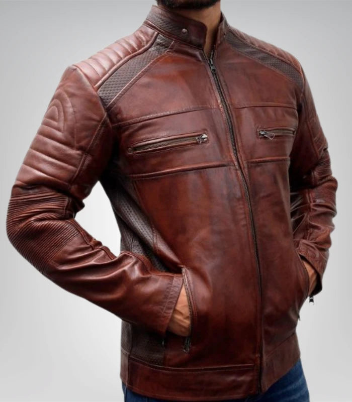 Premium brown leather jacket with zipper details – classic motorcycle look