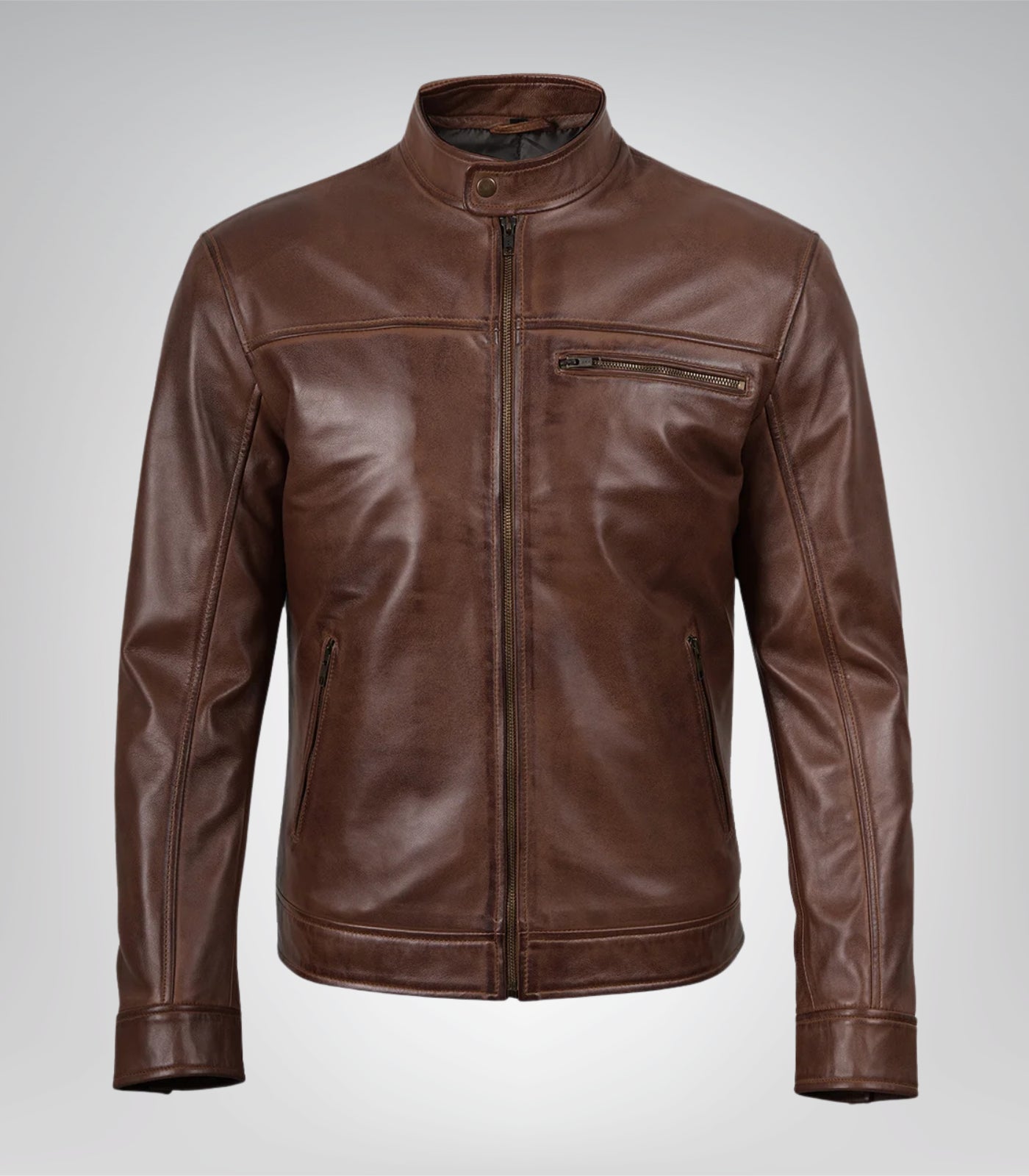 Stylish cognac leather biker jacket for men