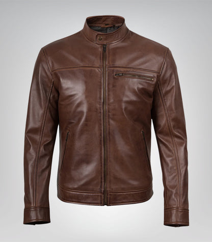 Stylish cognac leather biker jacket for men