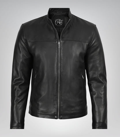 Classic men’s black biker jacket made from real leather