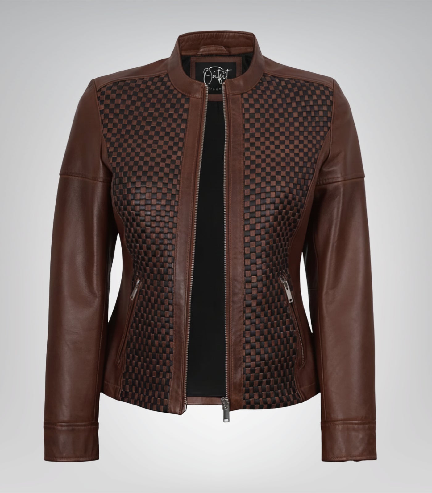 Cognac real leather motorcycle jacket for women with textured detailing
