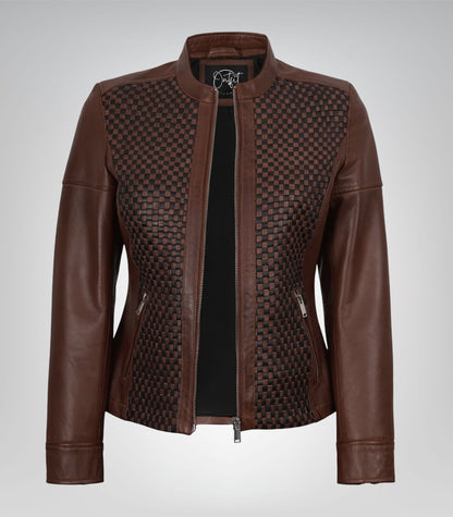 Cognac real leather motorcycle jacket for women with textured detailing