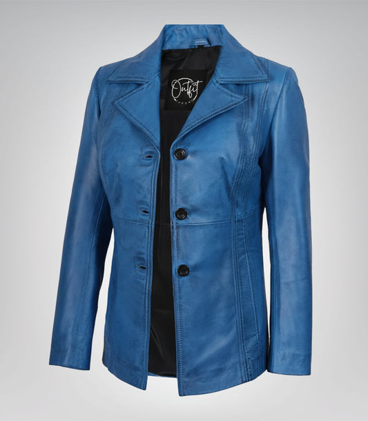 Women’s blue waxed leather coat with three-button front