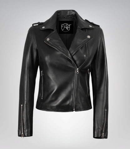 Black real leather biker jacket for women with asymmetrical closure