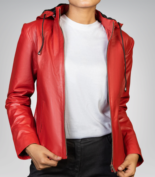 Jenny women’s red real leather jacket with detachable hood – stylish versatile design