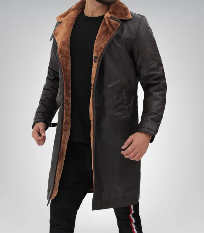 Men’s Dark Brown Leather Shearling Coat 3/4 Length
