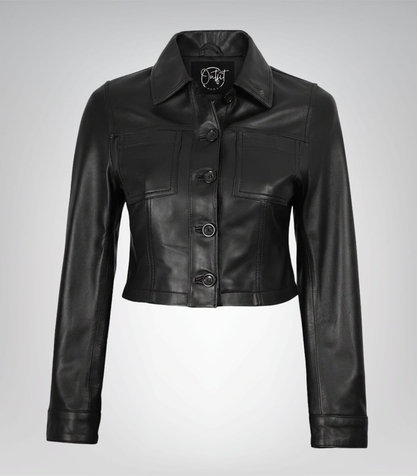 Women’s genuine leather cropped jacket in black with front buttons