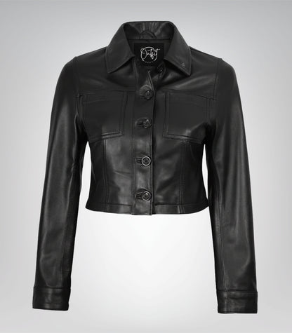 Women’s genuine leather cropped jacket in black with front buttons