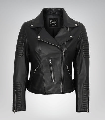 Stylish black leather motorcycle jacket for women – genuine leather