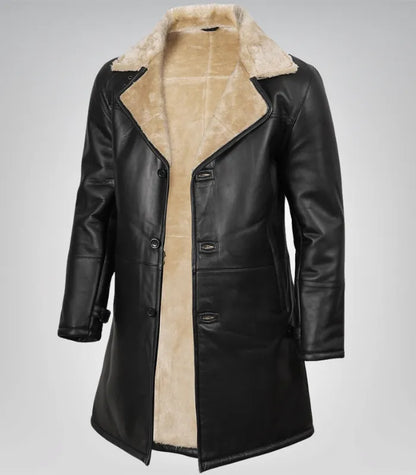 Men’s Black 3/4 Length Genuine Leather Coat with Faux Shearling Lining