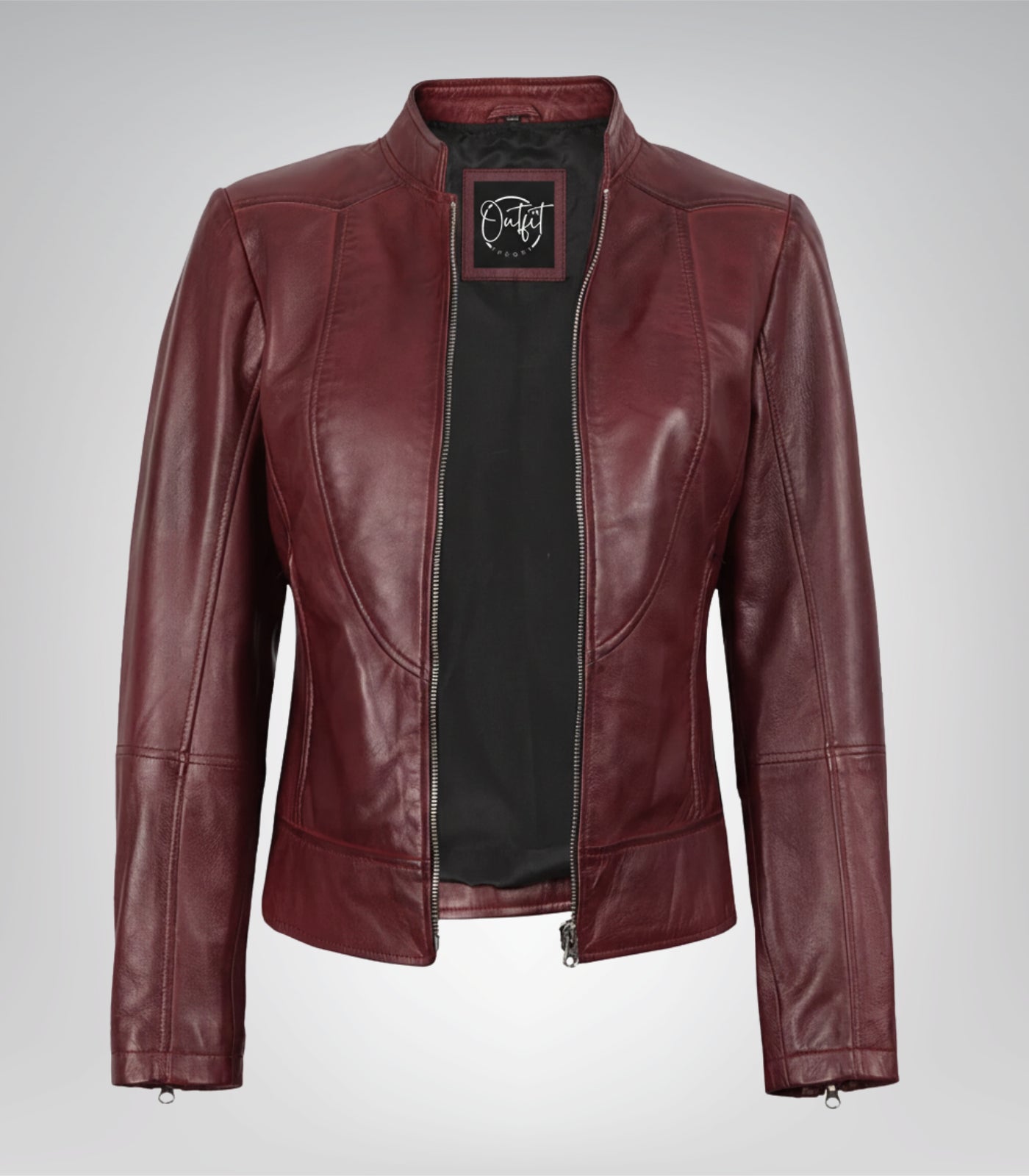 Stylish slim-fit leather jacket for women in burgundy
