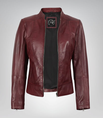 Stylish slim-fit leather jacket for women in burgundy