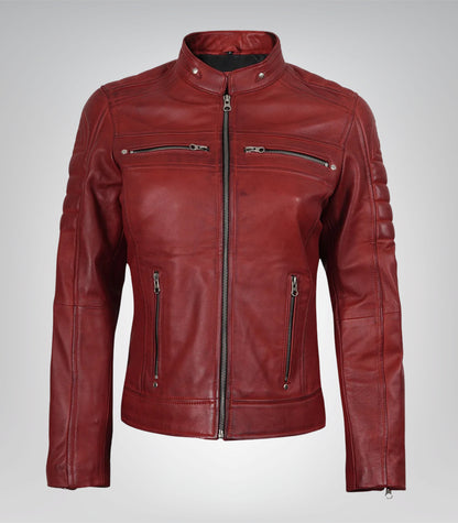 Stylish waxed red leather biker jacket for women