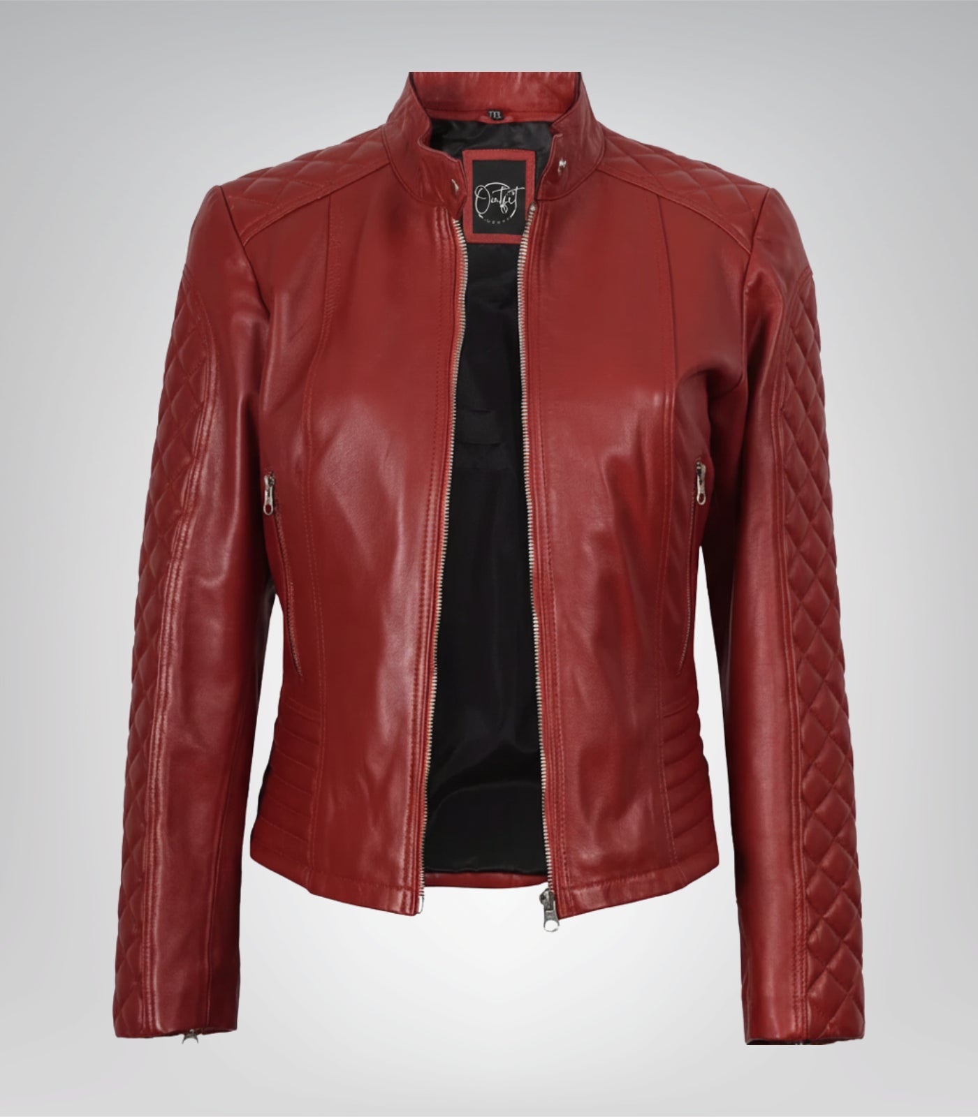 Stylish red leather motorcycle jacket for women with quilting