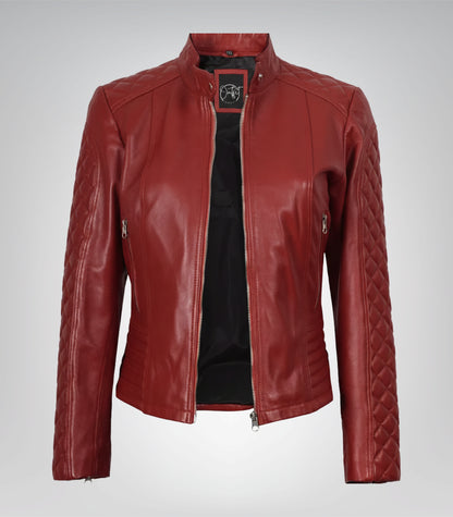 Stylish red leather motorcycle jacket for women with quilting