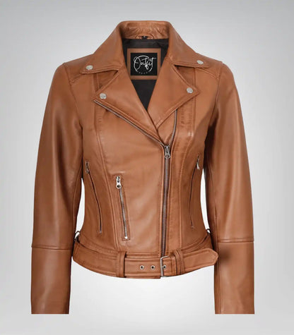 Stylish tan leather biker jacket for women with belt and asymmetrical zipper