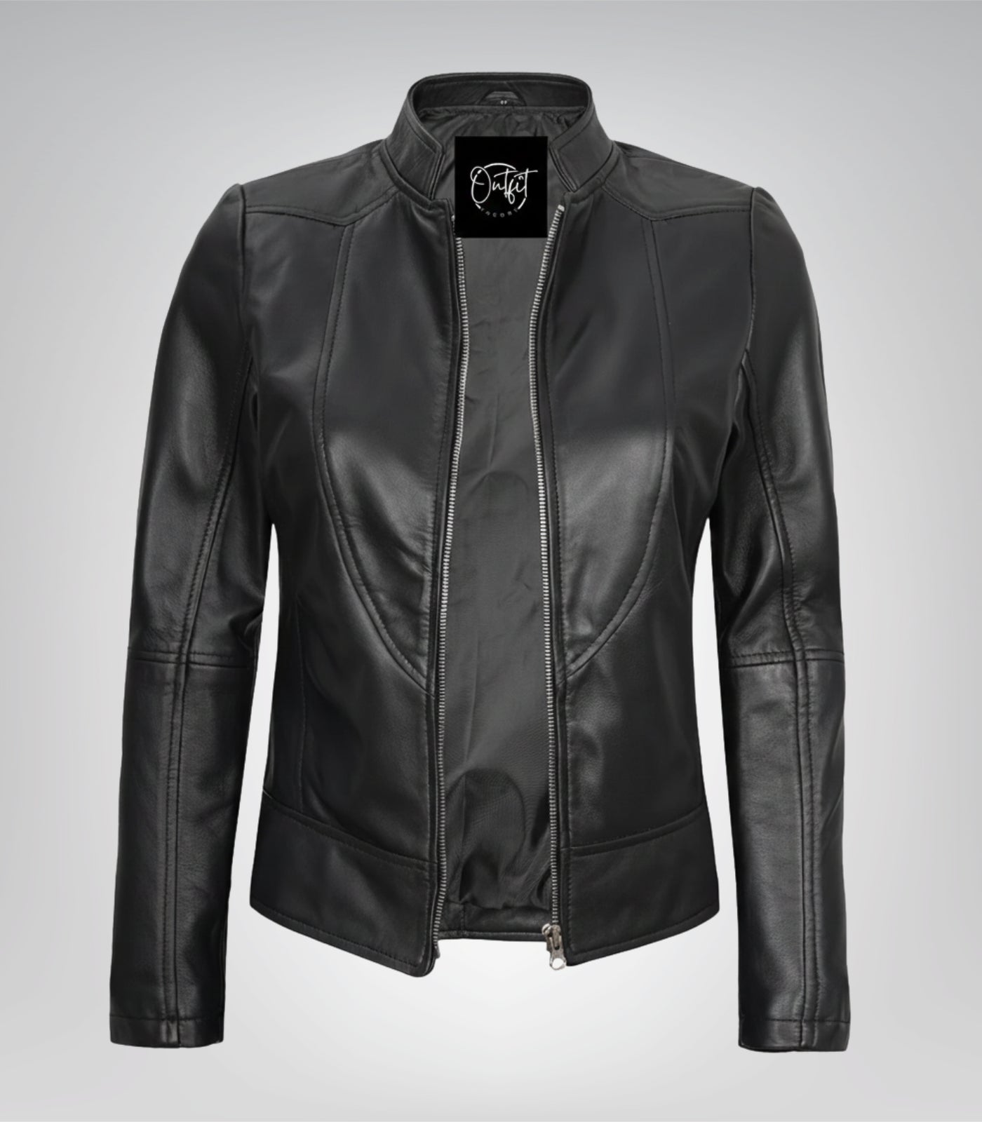 Stylish black leather bomber jacket for women featuring a removable hood