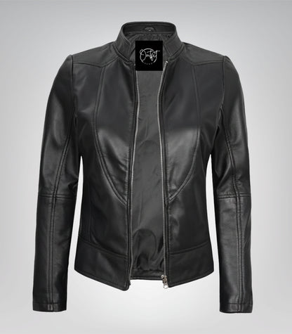 Stylish black leather bomber jacket for women featuring a removable hood