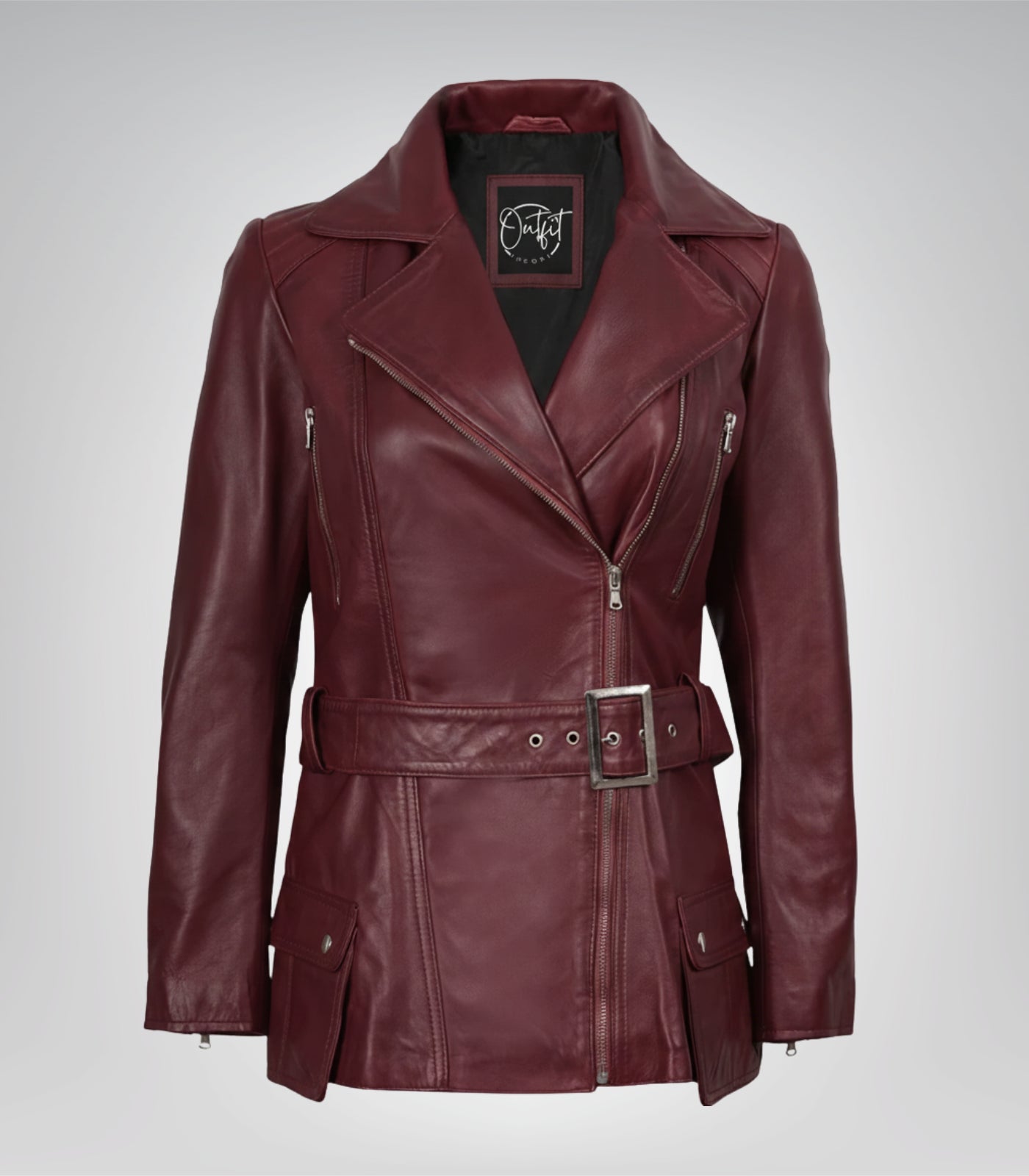 Women’s maroon leather motorcycle jacket with belted waist