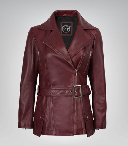 Women’s maroon leather motorcycle jacket with belted waist