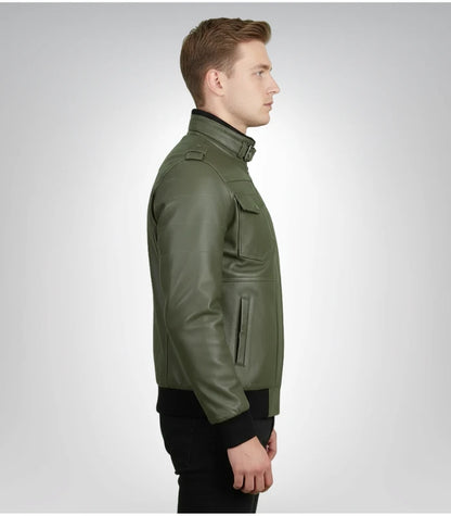 Stylish men's green leather bomber jacket front view