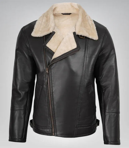 Men’s Dark Brown Biker Shearling Leather Jacket – Asymmetrical Winter Style
