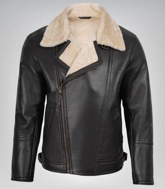 Men’s Dark Brown Biker Shearling Leather Jacket – Asymmetrical Winter Style