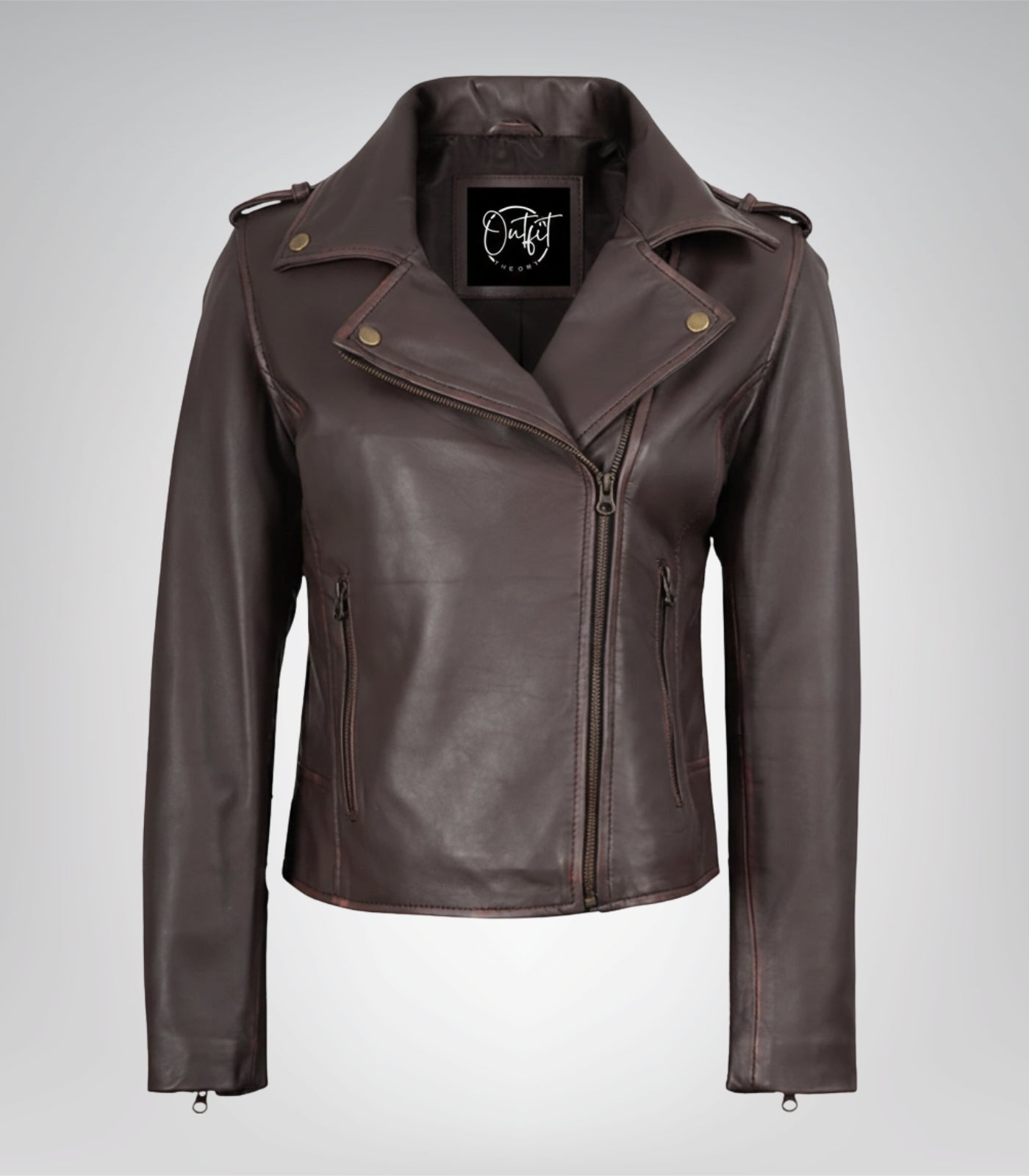 Women’s dark brown asymmetrical leather motorcycle jacket