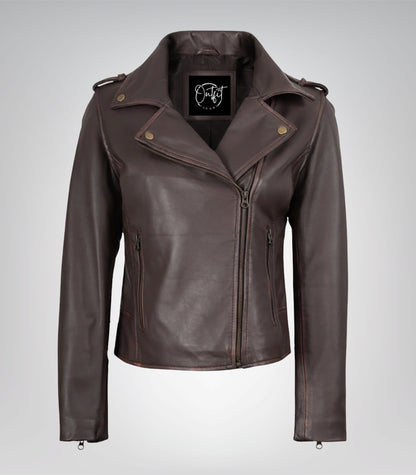 Women’s dark brown asymmetrical leather motorcycle jacket