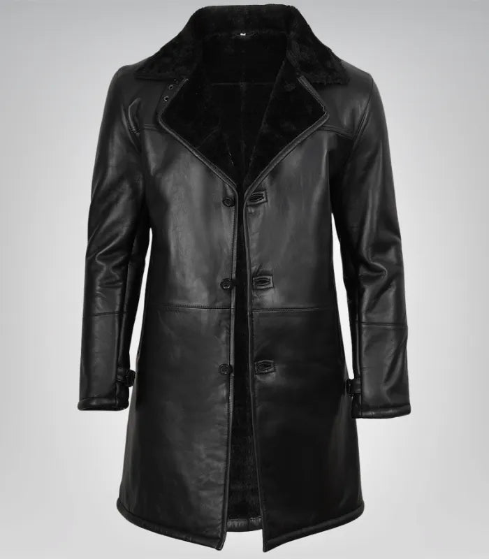 Men’s Black 3/4 Length Genuine Leather Coat with Faux Shearling Lining