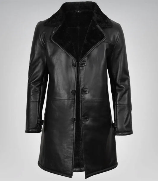 Men’s Black 3/4 Length Genuine Leather Coat with Faux Shearling Lining
