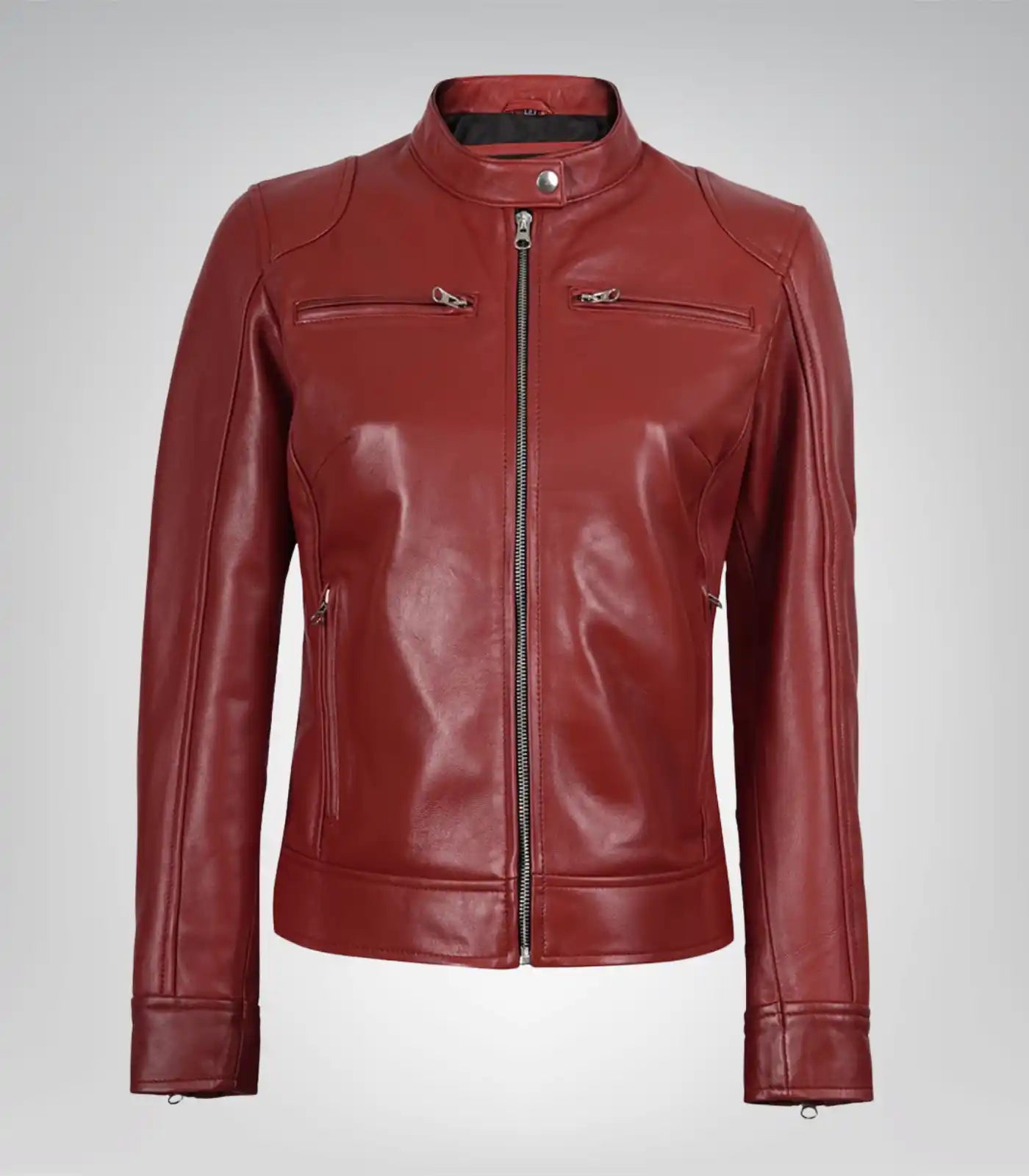 Stylish red leather biker jacket for women in genuine leather