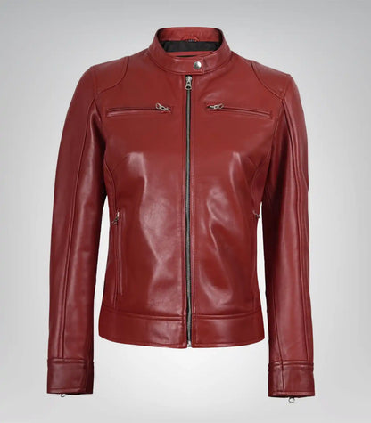 Stylish red leather biker jacket for women in genuine leather