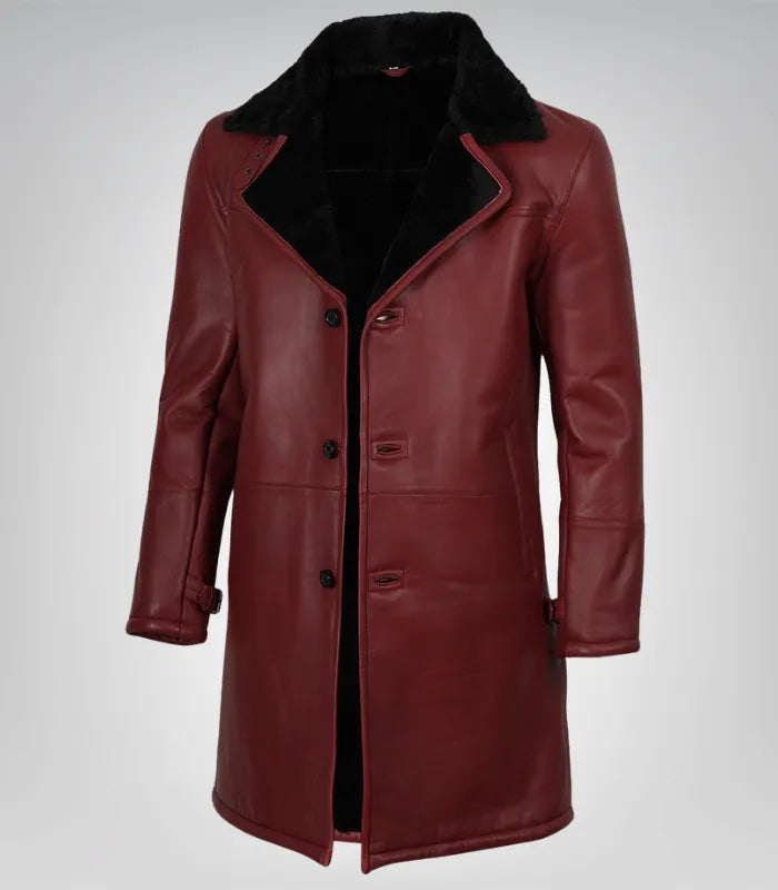 Men’s Maroon 3/4 Length Leather Coat with Black Faux Shearling Lining