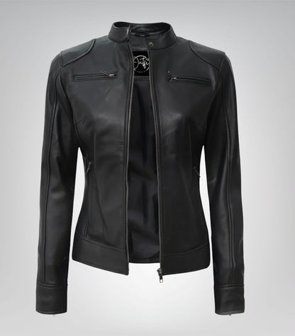 Women’s fitted black real leather motorcycle jacket