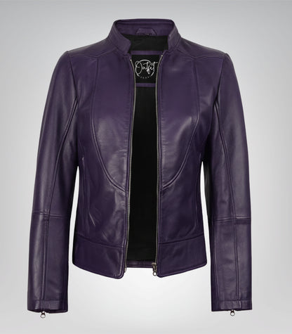 Purple real leather biker jacket for women with modern fit
