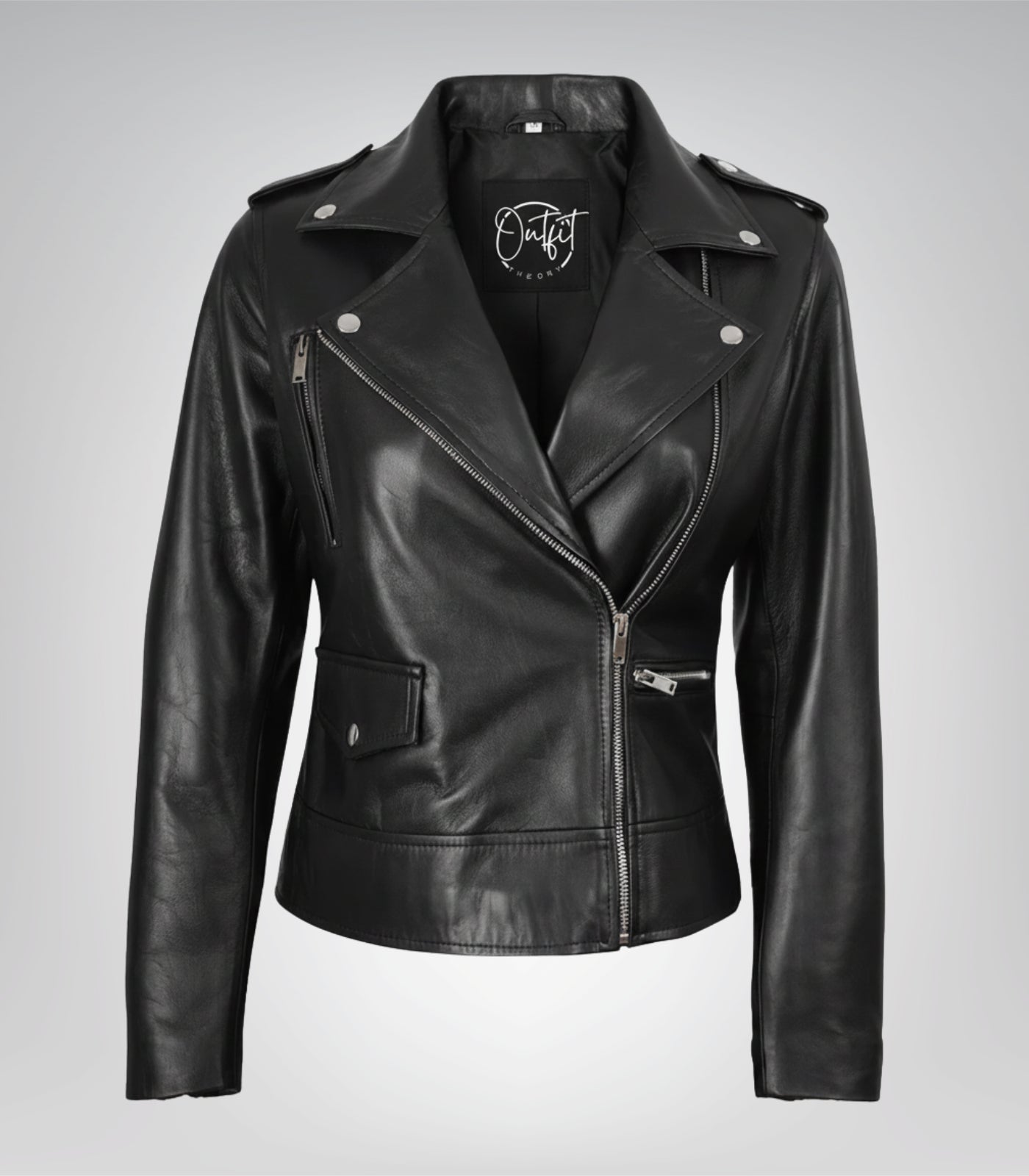 Black asymmetrical leather motorcycle jacket for women
