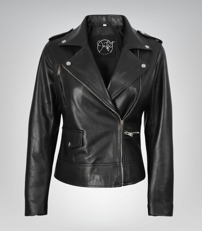 Black asymmetrical leather motorcycle jacket for women