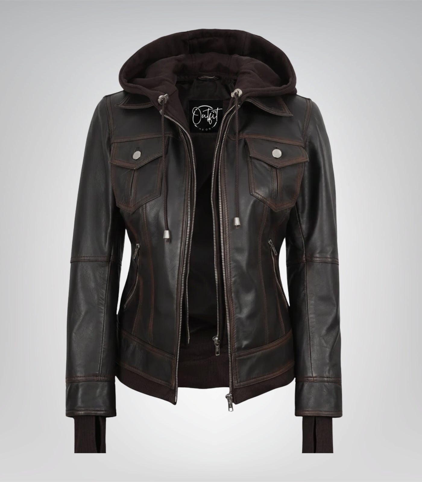 Brown real leather bomber jacket for women with removable hood
